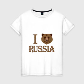 Женская футболка хлопок с принтом I love Russia в Кировске, 100% хлопок | прямой крой, круглый вырез горловины, длина до линии бедер, слегка спущенное плечо | russia | медведь | патриоты | россия | рф