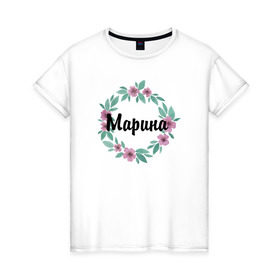 Женская футболка хлопок с принтом Марина в Кировске, 100% хлопок | прямой крой, круглый вырез горловины, длина до линии бедер, слегка спущенное плечо | акварель | венок | марина | цветы
