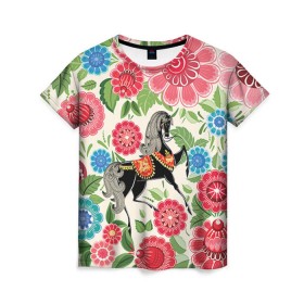 Женская футболка 3D с принтом Роспись в Кировске, 100% полиэфир ( синтетическое хлопкоподобное полотно) | прямой крой, круглый вырез горловины, длина до линии бедер | конь | лошадь | узор | цветы