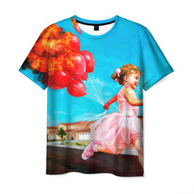 Мужская футболка 3D с принтом Девочка с шариками в Кировске, 100% полиэфир | прямой крой, круглый вырез горловины, длина до линии бедер | Тематика изображения на принте: картина | огонь
