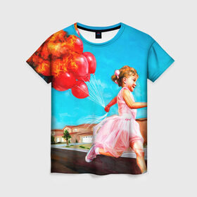 Женская футболка 3D с принтом Девочка с шариками в Кировске, 100% полиэфир ( синтетическое хлопкоподобное полотно) | прямой крой, круглый вырез горловины, длина до линии бедер | картина | огонь