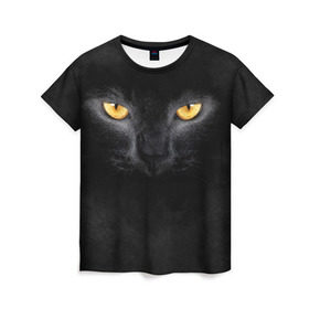 Женская футболка 3D с принтом Черная кошка в Кировске, 100% полиэфир ( синтетическое хлопкоподобное полотно) | прямой крой, круглый вырез горловины, длина до линии бедер | глаза | киса | кот | котик | кошка | черная кошка