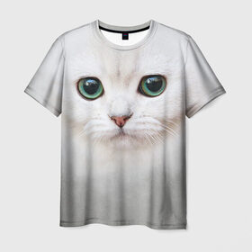 Мужская футболка 3D с принтом Белый котик в Кировске, 100% полиэфир | прямой крой, круглый вырез горловины, длина до линии бедер | белая кошка | киса | кот | котик | кошка