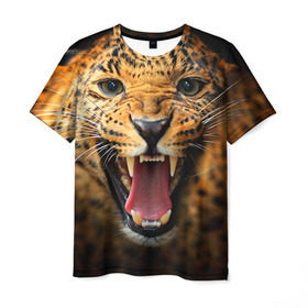 Мужская футболка 3D с принтом Леопард в Кировске, 100% полиэфир | прямой крой, круглый вырез горловины, длина до линии бедер | киса | кошка | леопард | хищник
