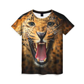 Женская футболка 3D с принтом Леопард в Кировске, 100% полиэфир ( синтетическое хлопкоподобное полотно) | прямой крой, круглый вырез горловины, длина до линии бедер | киса | кошка | леопард | хищник