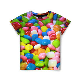 Детская футболка 3D с принтом Конфетки в Кировске, 100% гипоаллергенный полиэфир | прямой крой, круглый вырез горловины, длина до линии бедер, чуть спущенное плечо, ткань немного тянется | Тематика изображения на принте: вкусности | конфеты | мармелад | сладости