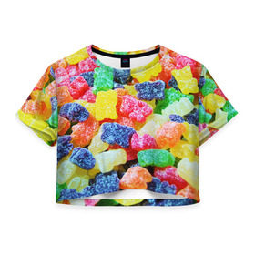 Женская футболка 3D укороченная с принтом Мармеладные мишки в Кировске, 100% полиэстер | круглая горловина, длина футболки до линии талии, рукава с отворотами | вкусности | конфеты | мармелад | мишки | сладости