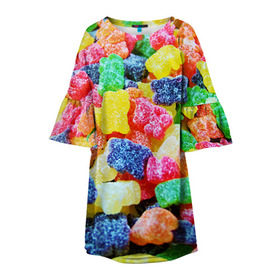 Детское платье 3D с принтом Мармеладные мишки в Кировске, 100% полиэстер | прямой силуэт, чуть расширенный к низу. Круглая горловина, на рукавах — воланы | Тематика изображения на принте: вкусности | конфеты | мармелад | мишки | сладости