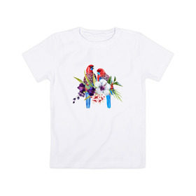 Детская футболка хлопок с принтом Попугаи в Кировске, 100% хлопок | круглый вырез горловины, полуприлегающий силуэт, длина до линии бедер | myparrots | акварель | попугаи | птиц | розелла | цветы