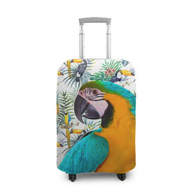 Чехол для чемодана 3D с принтом Попугаи в Кировске, 86% полиэфир, 14% спандекс | двустороннее нанесение принта, прорези для ручек и колес | myparrots | parrot | ара | листья | орнамент | попугаи | птицы | рай | синежелтый | тукан | узор | цветы