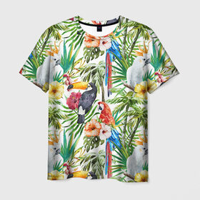 Мужская футболка 3D с принтом Попугаи в Кировске, 100% полиэфир | прямой крой, круглый вырез горловины, длина до линии бедер | myparrots | parrot | ара | листья | орнамент | попугаи | птицы | рай | тукан | узор | цветы