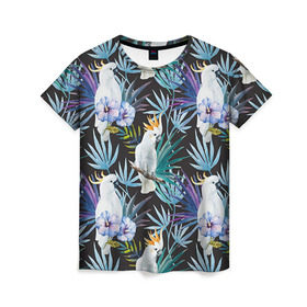 Женская футболка 3D с принтом Попугаи в Кировске, 100% полиэфир ( синтетическое хлопкоподобное полотно) | прямой крой, круглый вырез горловины, длина до линии бедер | myparrots | parrotузор | листья | орнамент | попугаи | птицы | рай | цветы