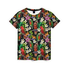 Женская футболка 3D с принтом Попугаи в Кировске, 100% полиэфир ( синтетическое хлопкоподобное полотно) | прямой крой, круглый вырез горловины, длина до линии бедер | myparrots | parrotузор | листья | орнамент | попугаи | птицы | рай | цветы