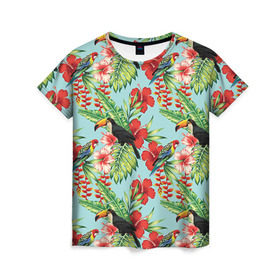 Женская футболка 3D с принтом Попугаи в Кировске, 100% полиэфир ( синтетическое хлопкоподобное полотно) | прямой крой, круглый вырез горловины, длина до линии бедер | myparrots | parrotузор | листья | орнамент | попугаи | птицы | рай | розелла | тукан | цветы