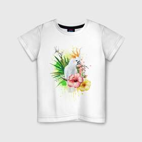 Детская футболка хлопок с принтом Какаду в Кировске, 100% хлопок | круглый вырез горловины, полуприлегающий силуэт, длина до линии бедер | myparrots | parrot | листья | орнамент | попугаи | птицы | рай | узор | цветы