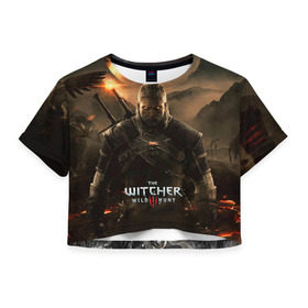 Женская футболка 3D укороченная с принтом Wild hunt в Кировске, 100% полиэстер | круглая горловина, длина футболки до линии талии, рукава с отворотами | ведьмак