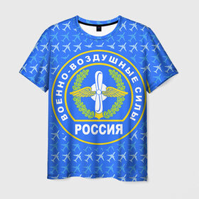Мужская футболка 3D с принтом ВВС РОССИИ в Кировске, 100% полиэфир | прямой крой, круглый вырез горловины, длина до линии бедер | авиация | герб | летчику | небо
