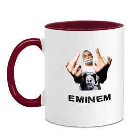 Кружка двухцветная с принтом Eminem Fuck в Кировске, керамика | объем — 330 мл, диаметр — 80 мм. Цветная ручка и кайма сверху, в некоторых цветах — вся внутренняя часть | marshal mathers | rap | slim shady