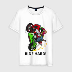 Мужская футболка хлопок с принтом Ride Hard (Moto) в Кировске, 100% хлопок | прямой крой, круглый вырез горловины, длина до линии бедер, слегка спущенное плечо. | moto | motorcycle | ride hard or go home вваливай по настоящемуstunt | yamaha | мото | спортбайк | стант