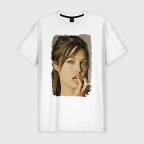 Мужская футболка премиум с принтом Анджелина Джоли в Кировске, 92% хлопок, 8% лайкра | приталенный силуэт, круглый вырез ворота, длина до линии бедра, короткий рукав | angelina jolie | анджелина джоли | кинозвезда