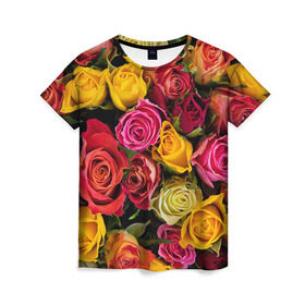Женская футболка 3D с принтом Цветы в Кировске, 100% полиэфир ( синтетическое хлопкоподобное полотно) | прямой крой, круглый вырез горловины, длина до линии бедер | flower | девушкам | розы | цветочки | цветы