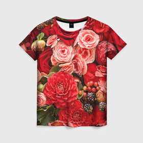 Женская футболка 3D с принтом Цветы в Кировске, 100% полиэфир ( синтетическое хлопкоподобное полотно) | прямой крой, круглый вырез горловины, длина до линии бедер | flower | девушкам | розы | цветочки | цветы