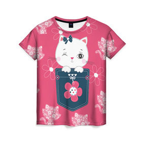 Женская футболка 3D с принтом Котик в Кировске, 100% полиэфир ( синтетическое хлопкоподобное полотно) | прямой крой, круглый вырез горловины, длина до линии бедер | Тематика изображения на принте: девушкам | карман | киса | котик | кошка | цветы