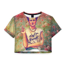 Женская футболка 3D укороченная с принтом Фрида в Кировске, 100% полиэстер | круглая горловина, длина футболки до линии талии, рукава с отворотами | девушка | искусство | кало | фрида | цветы
