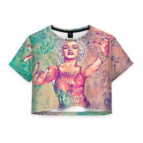 Женская футболка 3D укороченная с принтом Монро в Кировске, 100% полиэстер | круглая горловина, длина футболки до линии талии, рукава с отворотами | девушка | кино | мерлин | монро | мэрилин | цветы