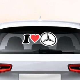 Наклейка на авто - для заднего стекла с принтом I love Mercedes в Кировске, ПВХ | Точные размеры наклейки зависят от выбранного изображения (ширина не больше 75 мм, высота не больше 45 мм) | Тематика изображения на принте: автобренд | лого | машина | мерседес | я люблю