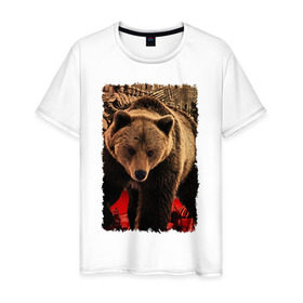 Мужская футболка хлопок с принтом Могучий русский медведь в Кировске, 100% хлопок | прямой крой, круглый вырез горловины, длина до линии бедер, слегка спущенное плечо. | медведь | отвага | родина | россия | сила | я русский
