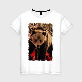 Женская футболка хлопок с принтом Могучий русский медведь в Кировске, 100% хлопок | прямой крой, круглый вырез горловины, длина до линии бедер, слегка спущенное плечо | медведь | отвага | родина | россия | сила | я русский