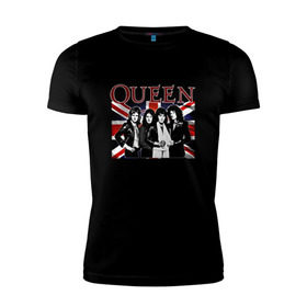 Мужская футболка премиум с принтом Queen band в Кировске, 92% хлопок, 8% лайкра | приталенный силуэт, круглый вырез ворота, длина до линии бедра, короткий рукав | england | freddie | mercury | queen   легендарная рок группаqueen | фредди меркьури