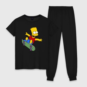 Женская пижама хлопок с принтом Барт на скейте в Кировске, 100% хлопок | брюки и футболка прямого кроя, без карманов, на брюках мягкая резинка на поясе и по низу штанин | барт на скейте bart simpson симпсон скейтборд