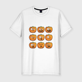 Мужская футболка премиум с принтом Набор тыкв (Хеллоуин) в Кировске, 92% хлопок, 8% лайкра | приталенный силуэт, круглый вырез ворота, длина до линии бедра, короткий рукав | halloween | мистика | смайл | тыква | ужас | хеллоуин