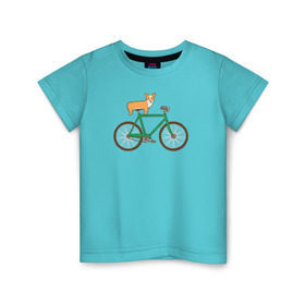 Детская футболка хлопок с принтом Корги на велосипеде в Кировске, 100% хлопок | круглый вырез горловины, полуприлегающий силуэт, длина до линии бедер | велосипед | корги | собака