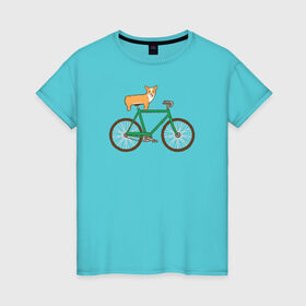 Женская футболка хлопок с принтом Корги на велосипеде в Кировске, 100% хлопок | прямой крой, круглый вырез горловины, длина до линии бедер, слегка спущенное плечо | велосипед | корги | собака