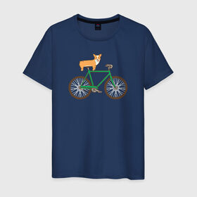 Мужская футболка хлопок с принтом Корги на велосипеде в Кировске, 100% хлопок | прямой крой, круглый вырез горловины, длина до линии бедер, слегка спущенное плечо. | велосипед | корги | собака