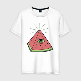 Мужская футболка хлопок с принтом Арбуз в Кировске, 100% хлопок | прямой крой, круглый вырез горловины, длина до линии бедер, слегка спущенное плечо. | арбуз | масоны | пирамида | фрукт | ягода