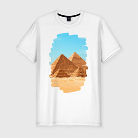 Мужская футболка премиум с принтом Египетские пирамиды в Кировске, 92% хлопок, 8% лайкра | приталенный силуэт, круглый вырез ворота, длина до линии бедра, короткий рукав | Тематика изображения на принте: великие пирамиды | гиза | египет | каир | пустыня