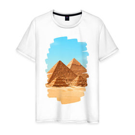 Мужская футболка хлопок с принтом Египетские пирамиды в Кировске, 100% хлопок | прямой крой, круглый вырез горловины, длина до линии бедер, слегка спущенное плечо. | Тематика изображения на принте: великие пирамиды | гиза | египет | каир | пустыня