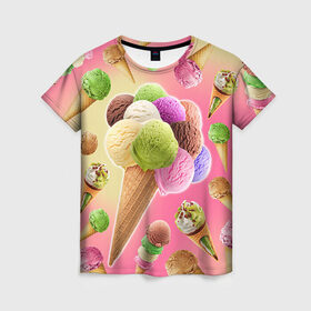 Женская футболка 3D с принтом Мороженое в Кировске, 100% полиэфир ( синтетическое хлопкоподобное полотно) | прямой крой, круглый вырез горловины, длина до линии бедер | cream | ice | icecream | вкусная | еда | мороженое | рожок