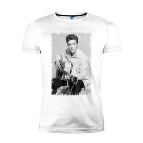 Мужская футболка премиум с принтом Элвис Пресли с гитарой в Кировске, 92% хлопок, 8% лайкра | приталенный силуэт, круглый вырез ворота, длина до линии бедра, короткий рукав | elvis presley | певец | рок н ролл | элвис пресли