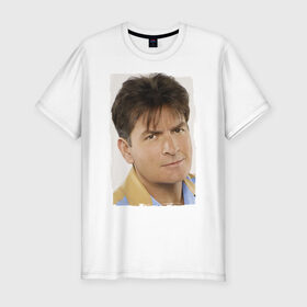 Мужская футболка премиум с принтом Чарли Шин (Charlie Sheen) в Кировске, 92% хлопок, 8% лайкра | приталенный силуэт, круглый вырез ворота, длина до линии бедра, короткий рукав | charlie sheen | кинозвезда | ситком | чарли шин