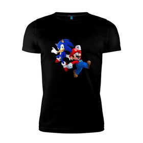 Мужская футболка премиум с принтом Sonic and Mario в Кировске, 92% хлопок, 8% лайкра | приталенный силуэт, круглый вырез ворота, длина до линии бедра, короткий рукав | nintendo | марио | нинтендо