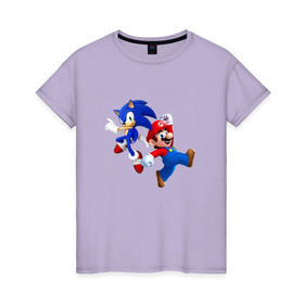 Женская футболка хлопок с принтом Sonic and Mario в Кировске, 100% хлопок | прямой крой, круглый вырез горловины, длина до линии бедер, слегка спущенное плечо | nintendo | марио | нинтендо