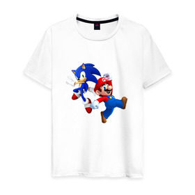 Мужская футболка хлопок с принтом Sonic and Mario в Кировске, 100% хлопок | прямой крой, круглый вырез горловины, длина до линии бедер, слегка спущенное плечо. | nintendo | марио | нинтендо