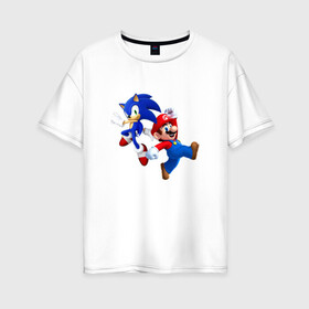 Женская футболка хлопок Oversize с принтом Sonic and Mario в Кировске, 100% хлопок | свободный крой, круглый ворот, спущенный рукав, длина до линии бедер
 | nintendo | марио | нинтендо