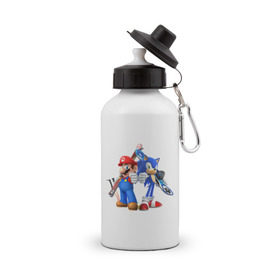 Бутылка спортивная с принтом Sonic & Mario в Кировске, металл | емкость — 500 мл, в комплекте две пластиковые крышки и карабин для крепления | nintendo | марио | нинтендо