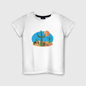 Детская футболка хлопок с принтом Мексиканский пейзаж в Кировске, 100% хлопок | круглый вырез горловины, полуприлегающий силуэт, длина до линии бедер | кактус | мексика | мексиканский пейзажпейзаж